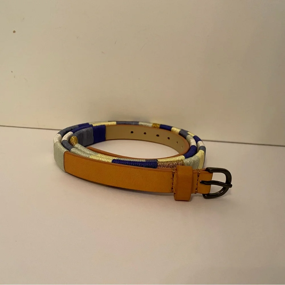 J. CREW BELT SKINNY TAN LEATHER MULTI COLOR WHITE BLUE GREEN THREAD WRAP SIZE L